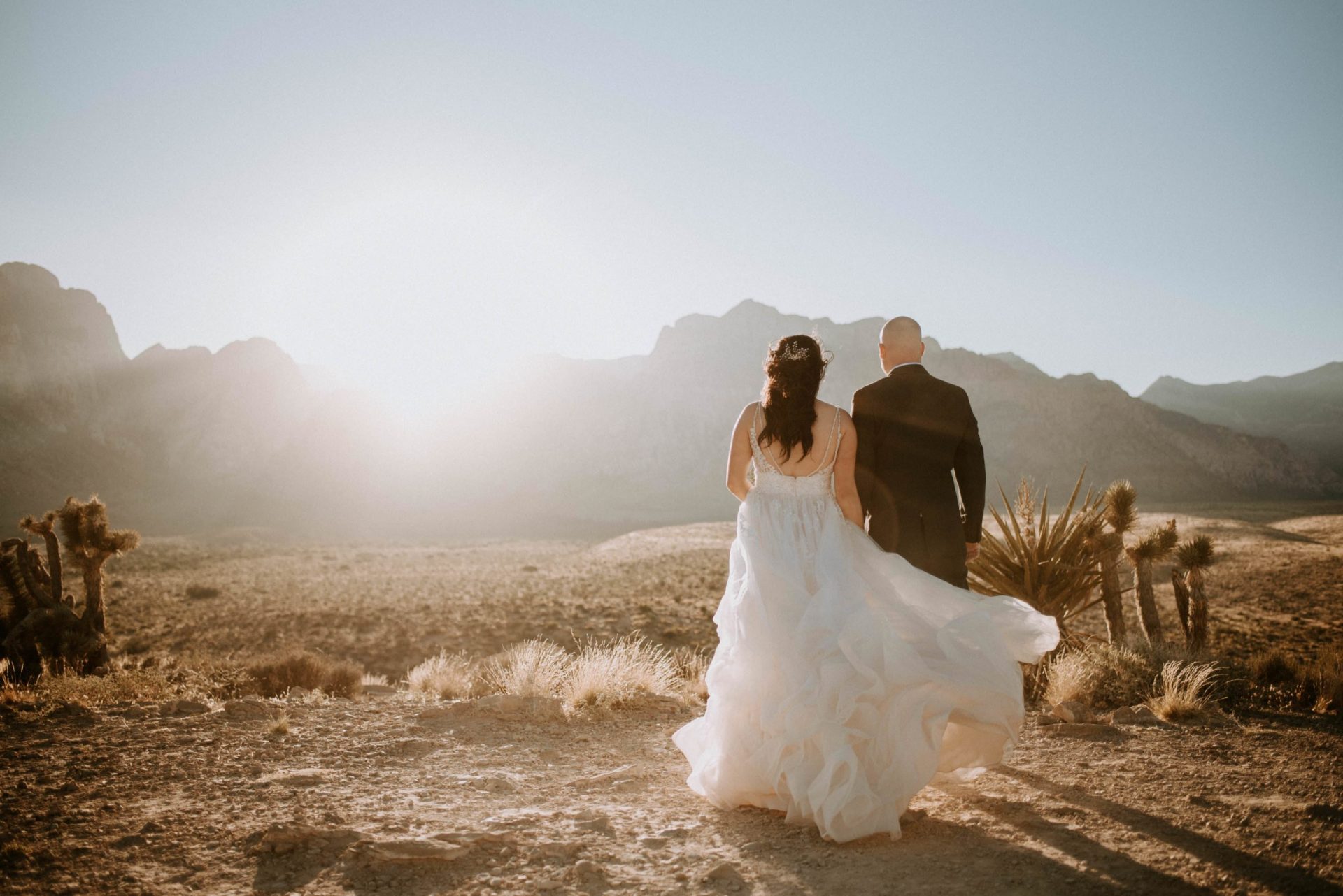 couple taking wedding photos in the desert