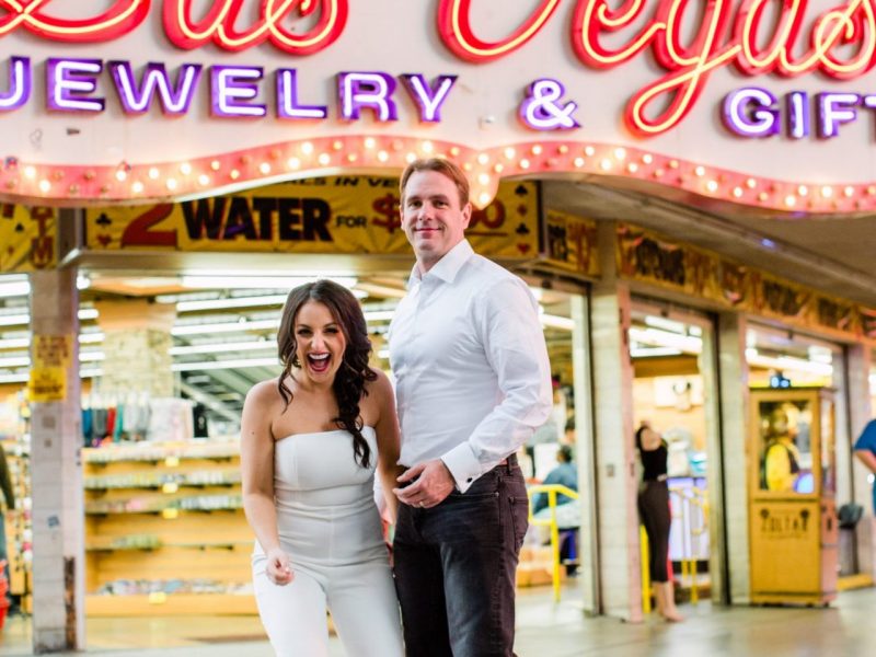 couple celebrating their vegas wedding downtown