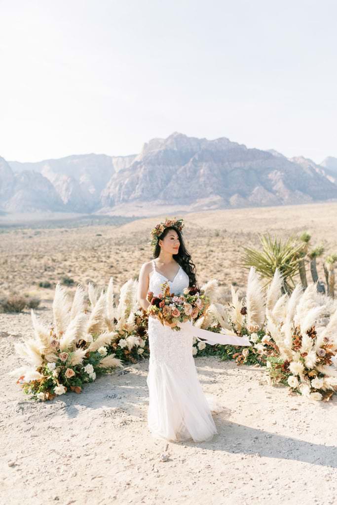 Bride in elegant wedding scene in desert