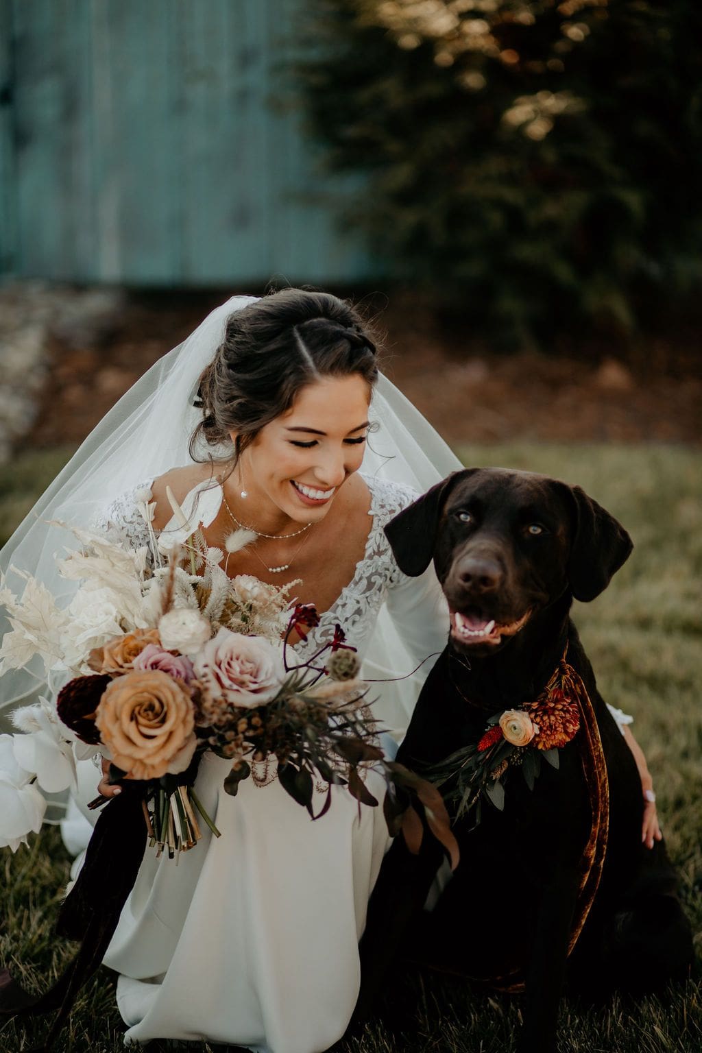 pup dressed up for wedding ceremony with bride