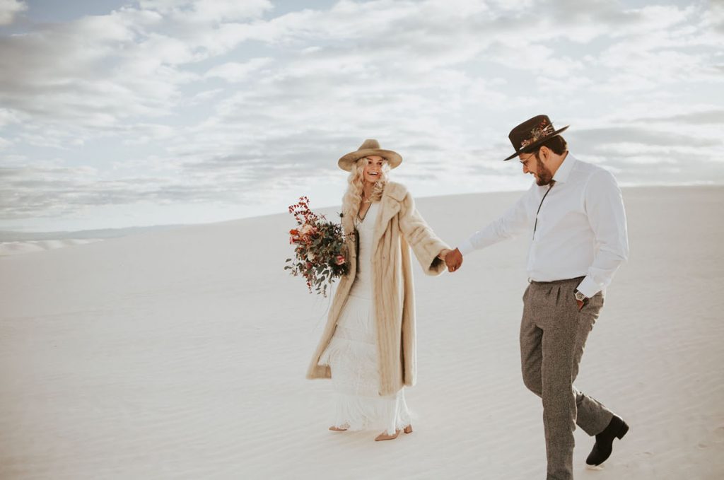 couple eloping in white sands natl monument new mexico